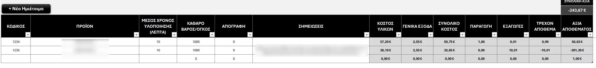 Μητρώο Ημιετοίμων - αποθήκη και παραγωγή στο Excel