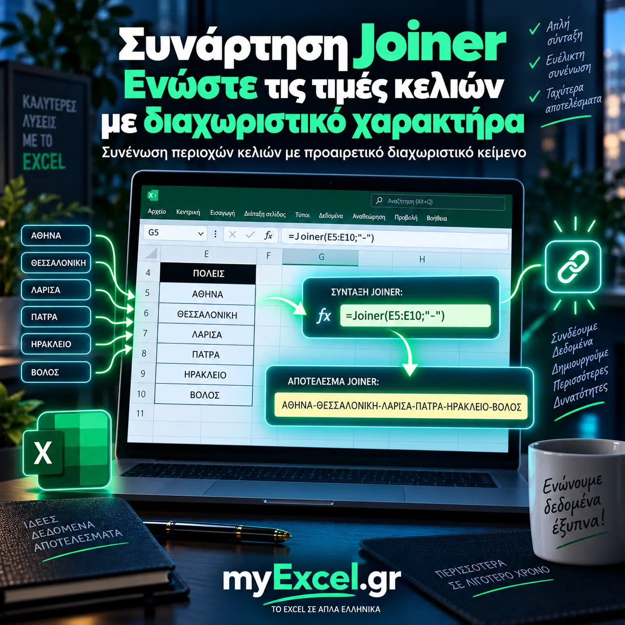 Συνάρτηση Joiner: ενώστε τις τιμές κελιών βάζοντας και διαχωριστικό χαρακτήρα | myExcel.gr Εφαρμογή