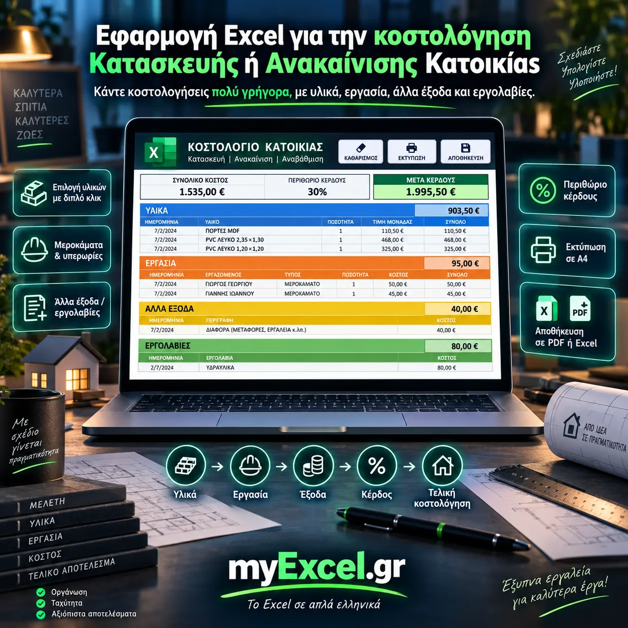 Εφαρμογή Excel για την κοστολόγηση Κατασκευής ή Ανακαίνισης Κατοικίας | Εφαρμογή Excel για Επιχειρήσεις