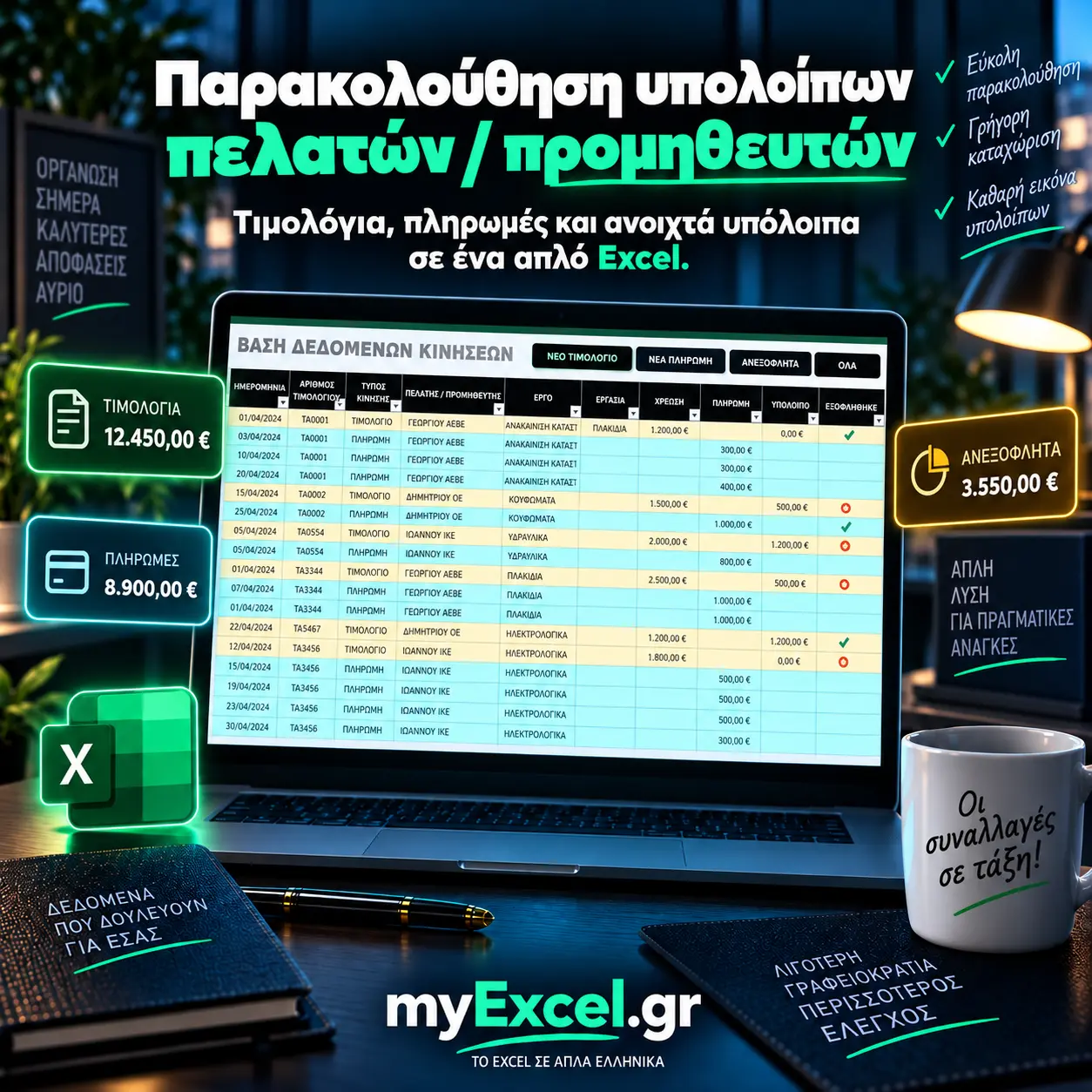 Απλή εφαρμογή Excel για παρακολούθηση υπολοίπων πελατών/προμηθευτών | myExcel.gr Εφαρμογή