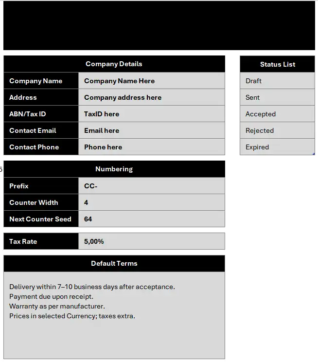 Οθόνη ρυθμίσεων της εφαρμογής προσφορών στο Excel