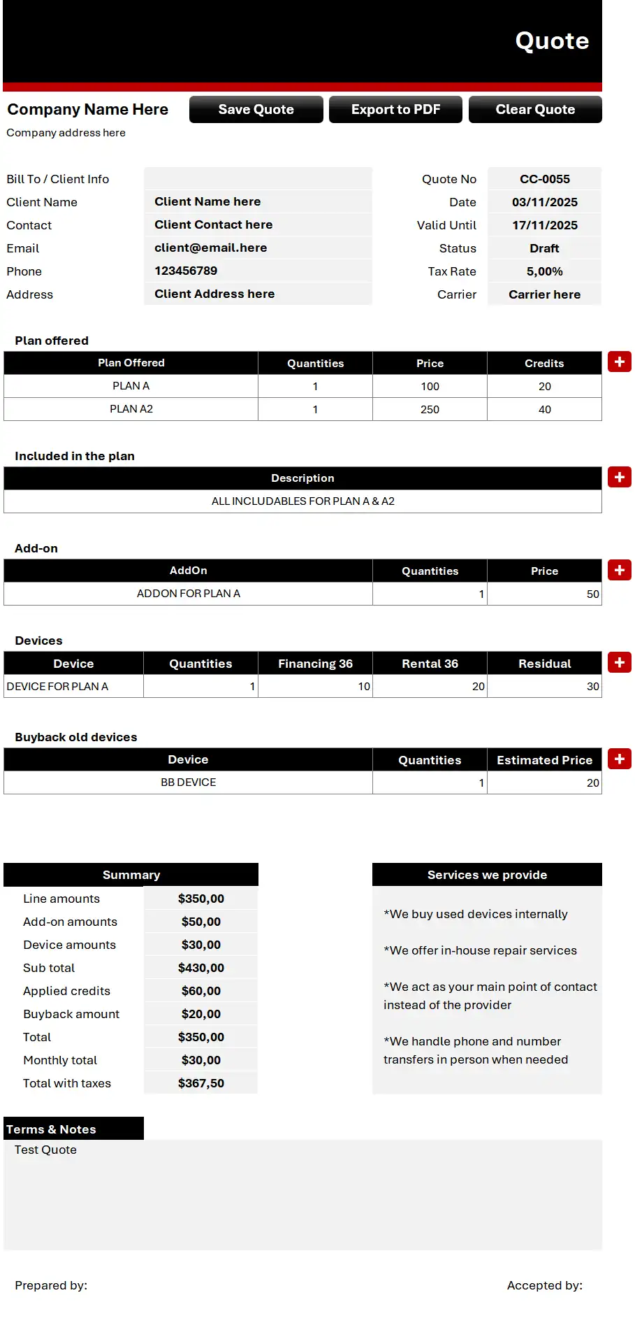 Φόρμα προσφοράς με γραμμές ειδών, σύνολα και export σε PDF