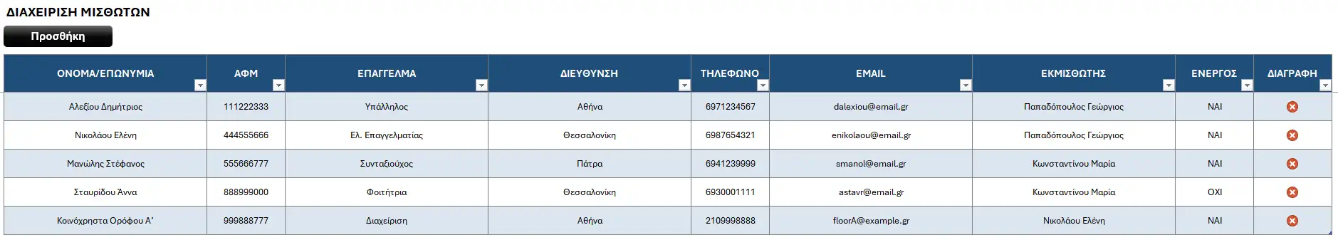 Διαχείριση μισθωτών σε Excel