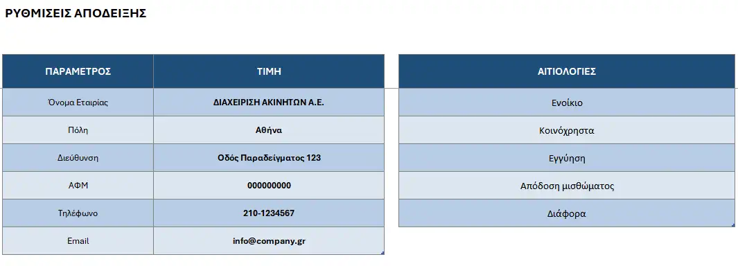 Ρυθμίσεις απόδειξης σε Excel
