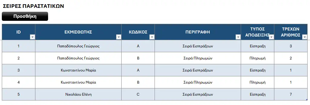 Σειρές παραστατικών σε Excel