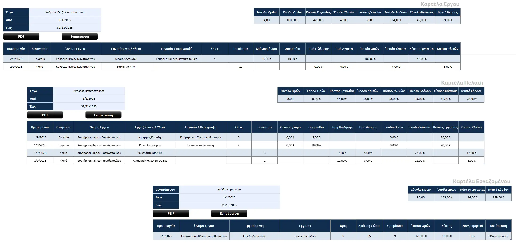 Καρτέλα Πελάτη, Έργου και Εργαζομένου στο Excel